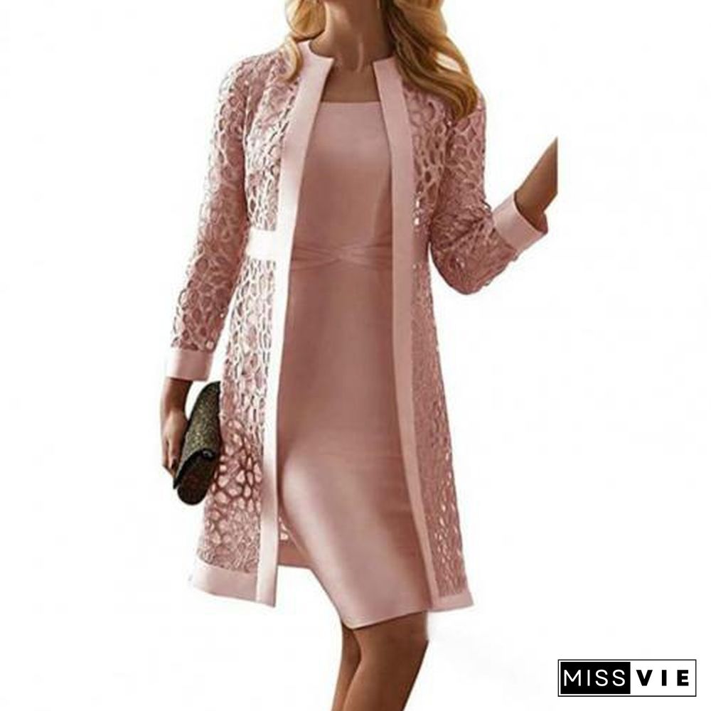 Plus Size Women Outfit Solid Color Lace Cardigan Long Sleeve Knee-Length Dress Coat Set Office Fashion Elegant Dress Sets