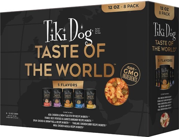 Tiki Dog Taste of World Variety Pack Grain-Free Chunks in Gravy Canned Dog Food， 12-oz， case of 8