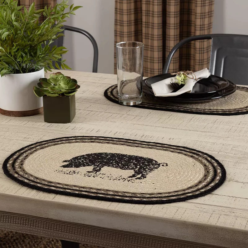 VHC Brands Sawyer Mill 12 x 18 Inch Oval Jute Placemats， Pig， Set of 6， Charcoal