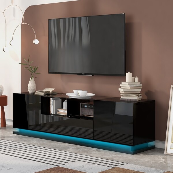 Tempered Glass TV Stand with Sorage and LED Color Changing Lights