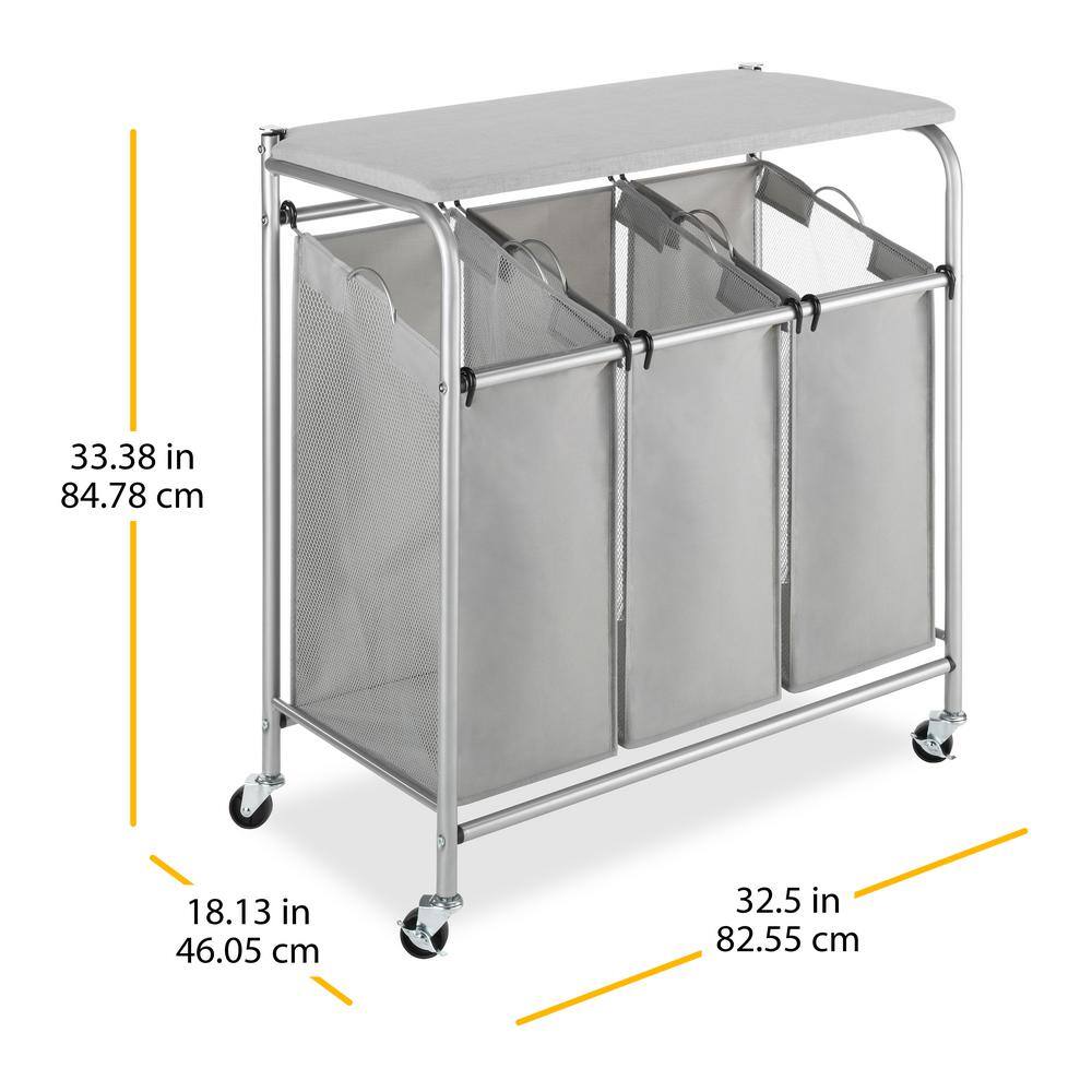 Grey Triple Sorter with Ironing and Folding Table with Chrome Wheels 6705-7885-BB