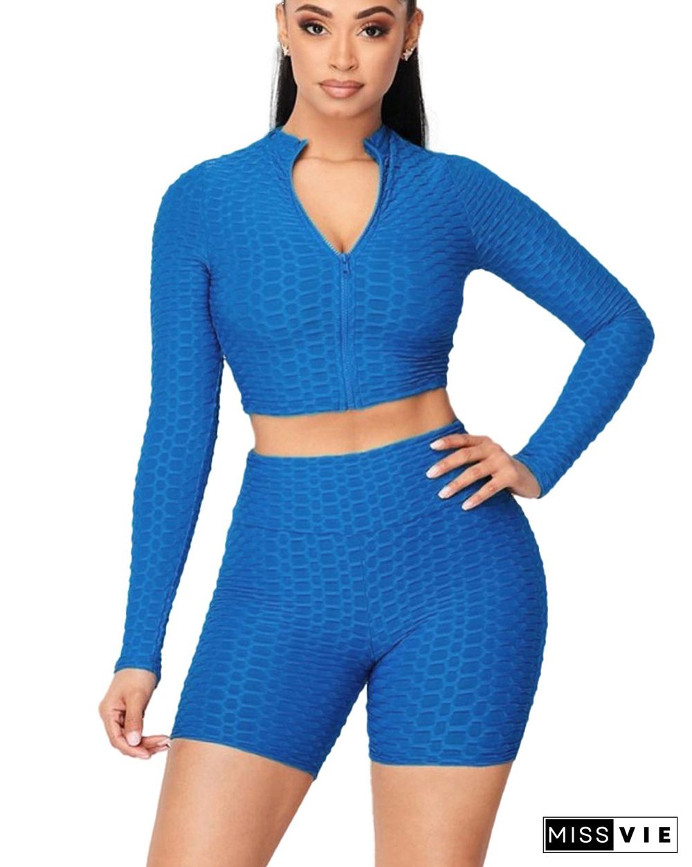 Women Solid Color Pineapple Grid Long Sleeve Zipper Crop Top Coat Slim Shorts Gym Sport 2 Piece Set