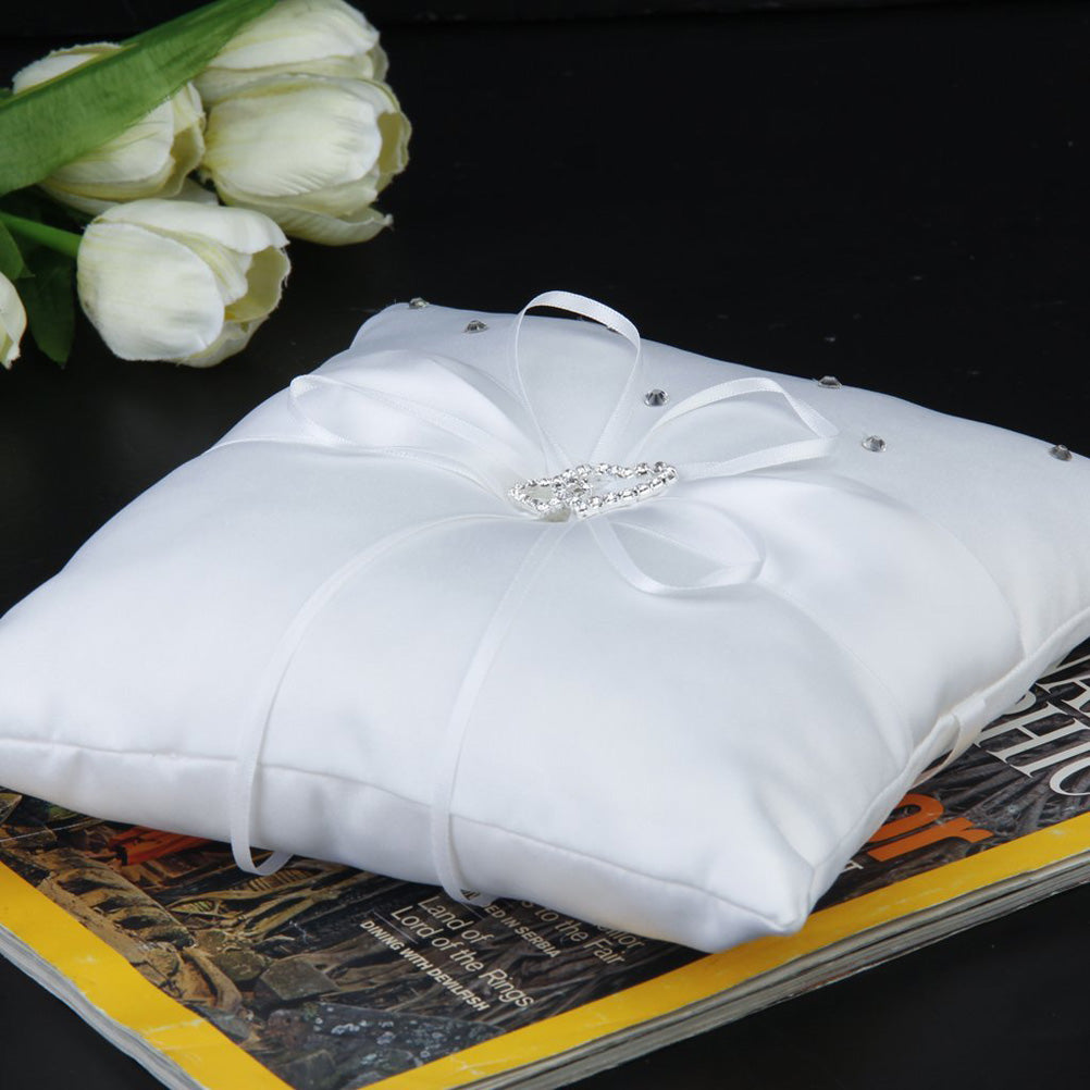 10*10cm Double Heart Bridal Wedding Ceremony Pocket Ring Bearer Pillow Cushion with Satin Ribbons (White)