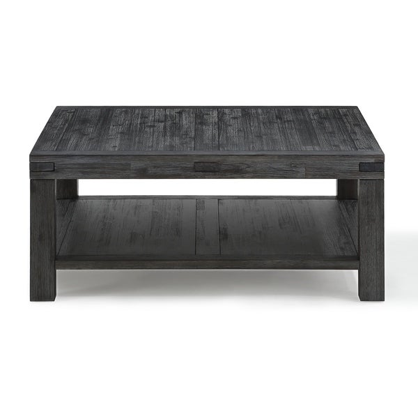 Square Coffee Table with Block Legs and 1 Open Shelf， Dark Gray