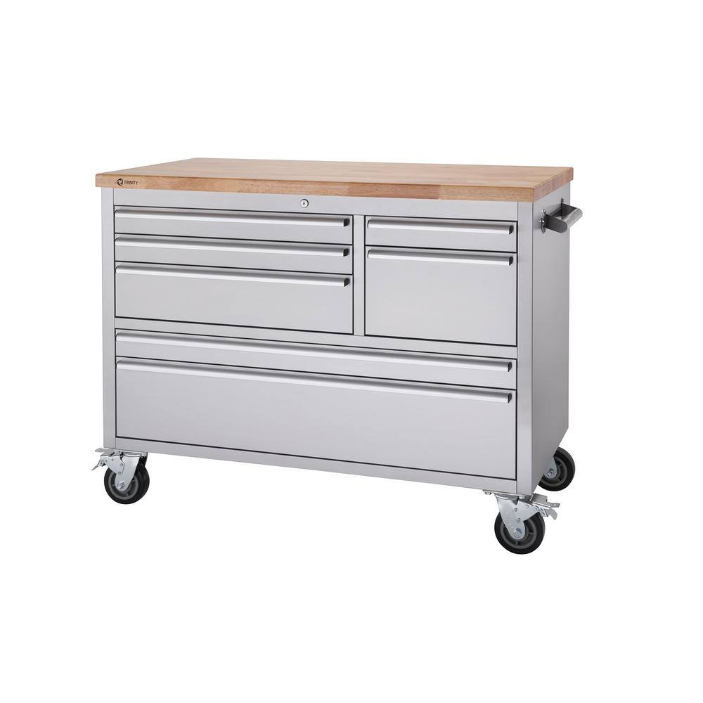 TRINITY 4 ft. 7-Drawer Stainless Steel Workbench with Storage TLS-4815