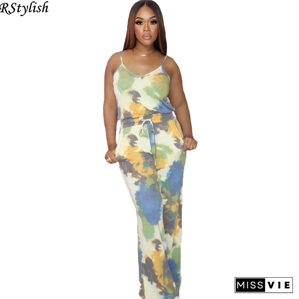 Tie Dye Sexy Spaghetti Strap Top High Waist Long Pants 2 Piece Set