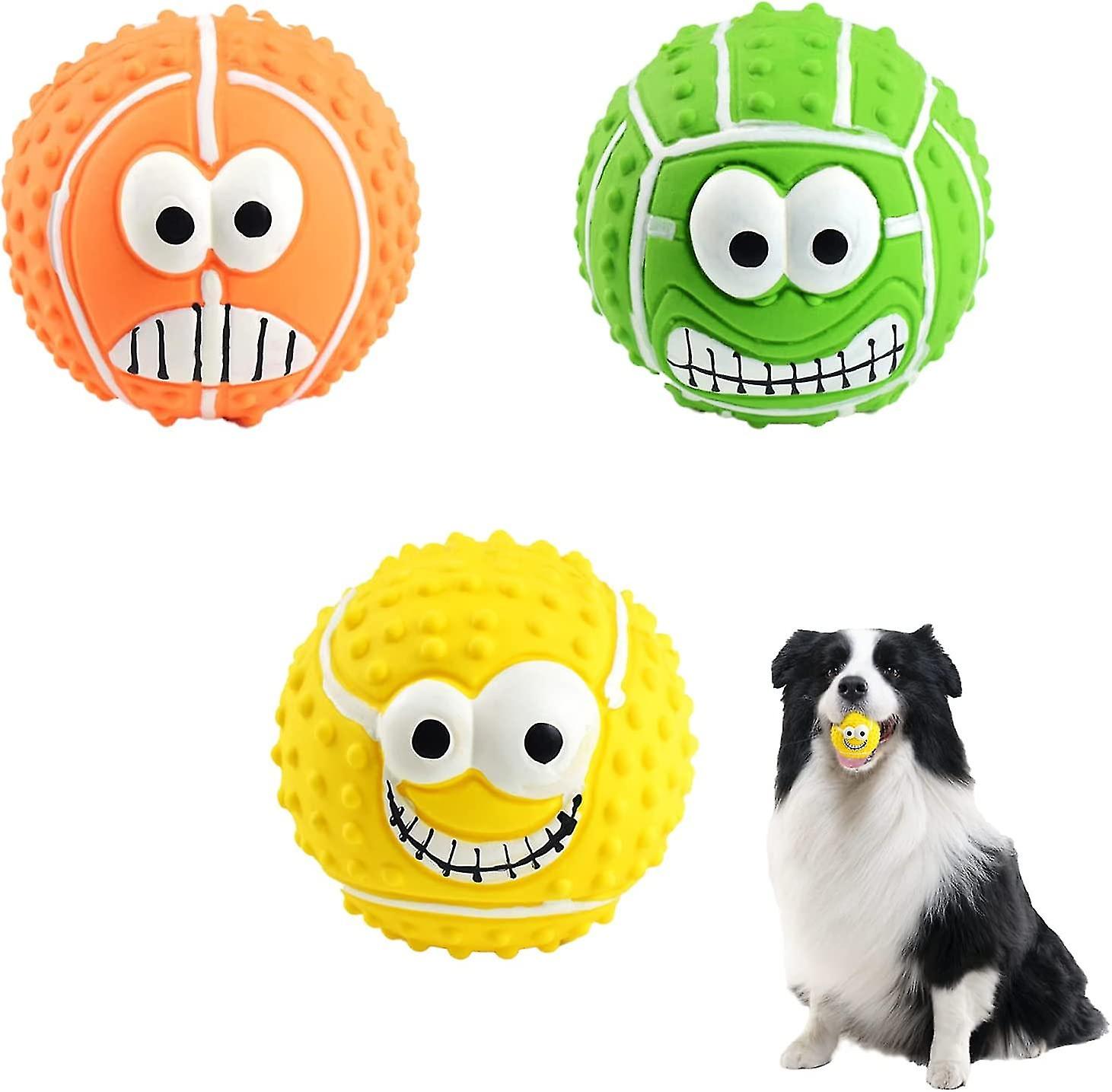 3pcs Squeaky Dog Balls， Smiley Face Latex Dog Squeaky Chew Toy， 3.1 Inch Soft Bouncy Fetch Balls For Medium Small Pets