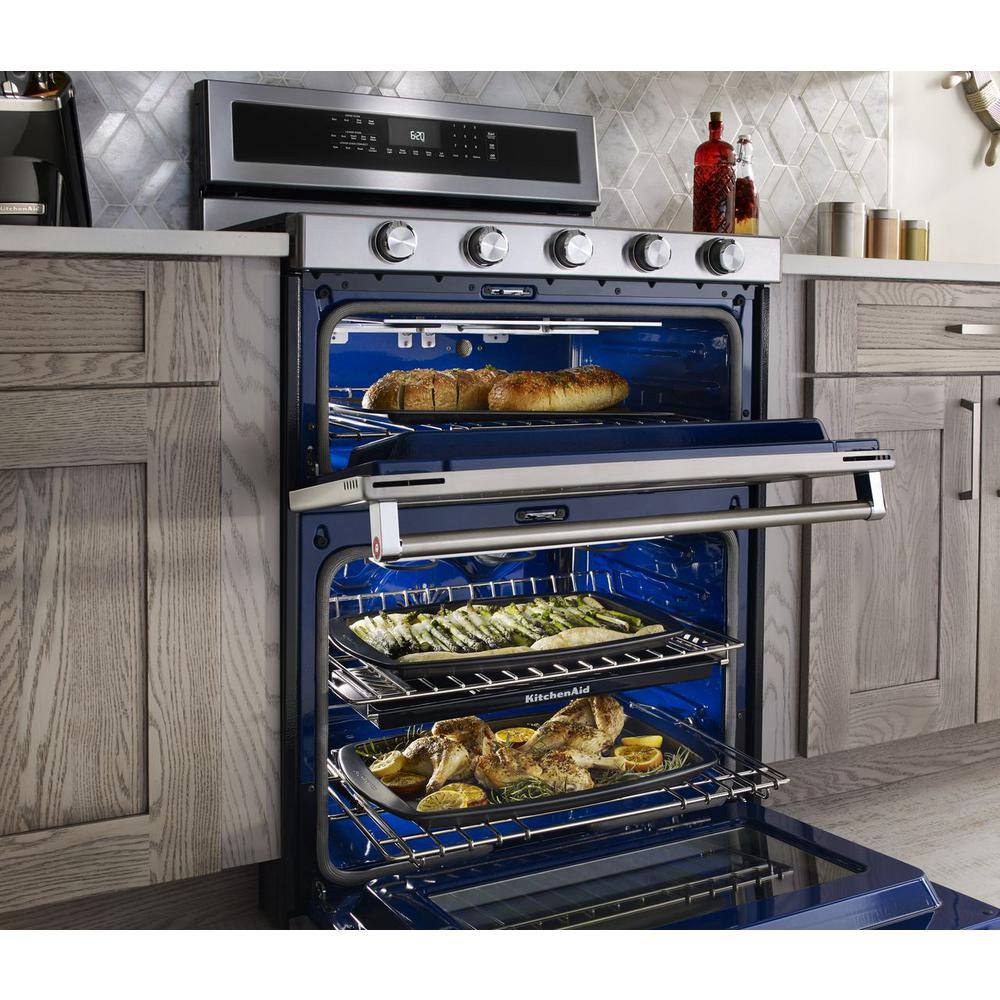 KitchenAid 6.7 cu. ft. Double Oven Dual Fuel Gas Range with Self-Cleaning Convection Oven in Stainless Steel KFDD500ESS