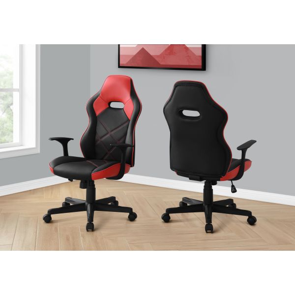 Office Chair， Gaming， Adjustable Height， Swivel， Ergonomic， Armrests， Computer Desk， Work， Black And Red Leather Look， Black Metal， Contemporary， Modern