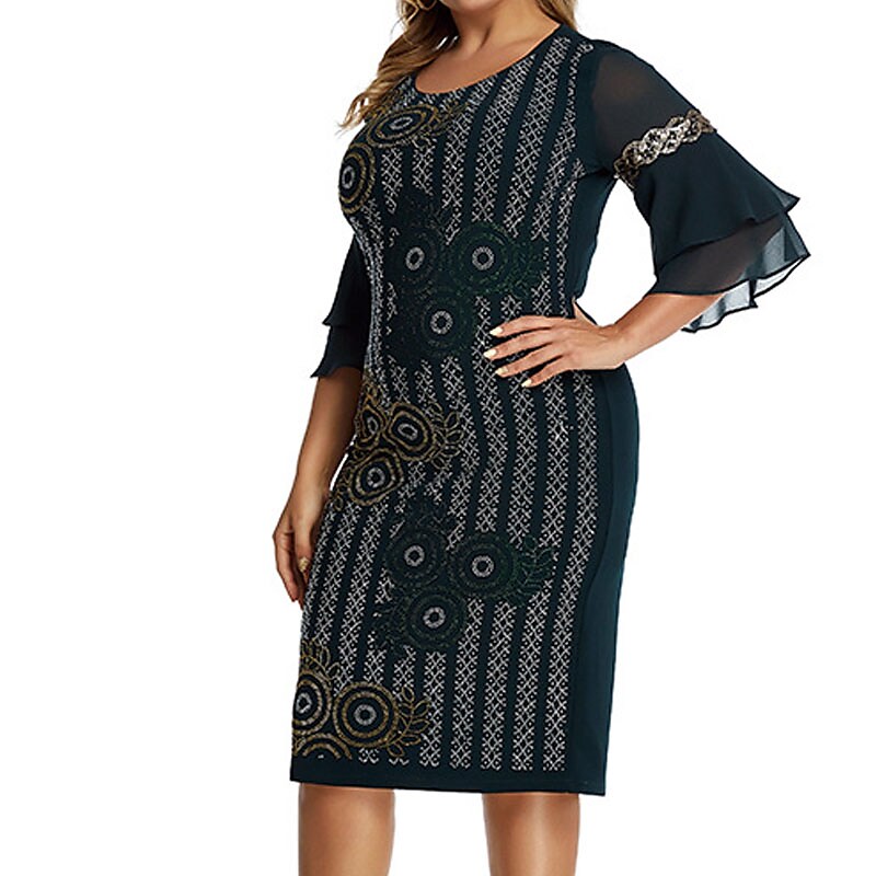 Women's Plus Size Holiday Dress Floral Crew Neck Ruffle Vintage Dress