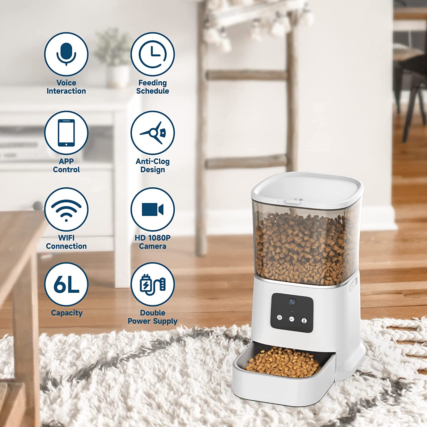 Automatic Cat Feeder with Camera， 6L WiFi Smart Pet Feeder with APP Control， Timed Dog Food Dispenser， Voice Recording， Stainless Steel Bowl， Up to 20 Portions 8 Meals Per Day