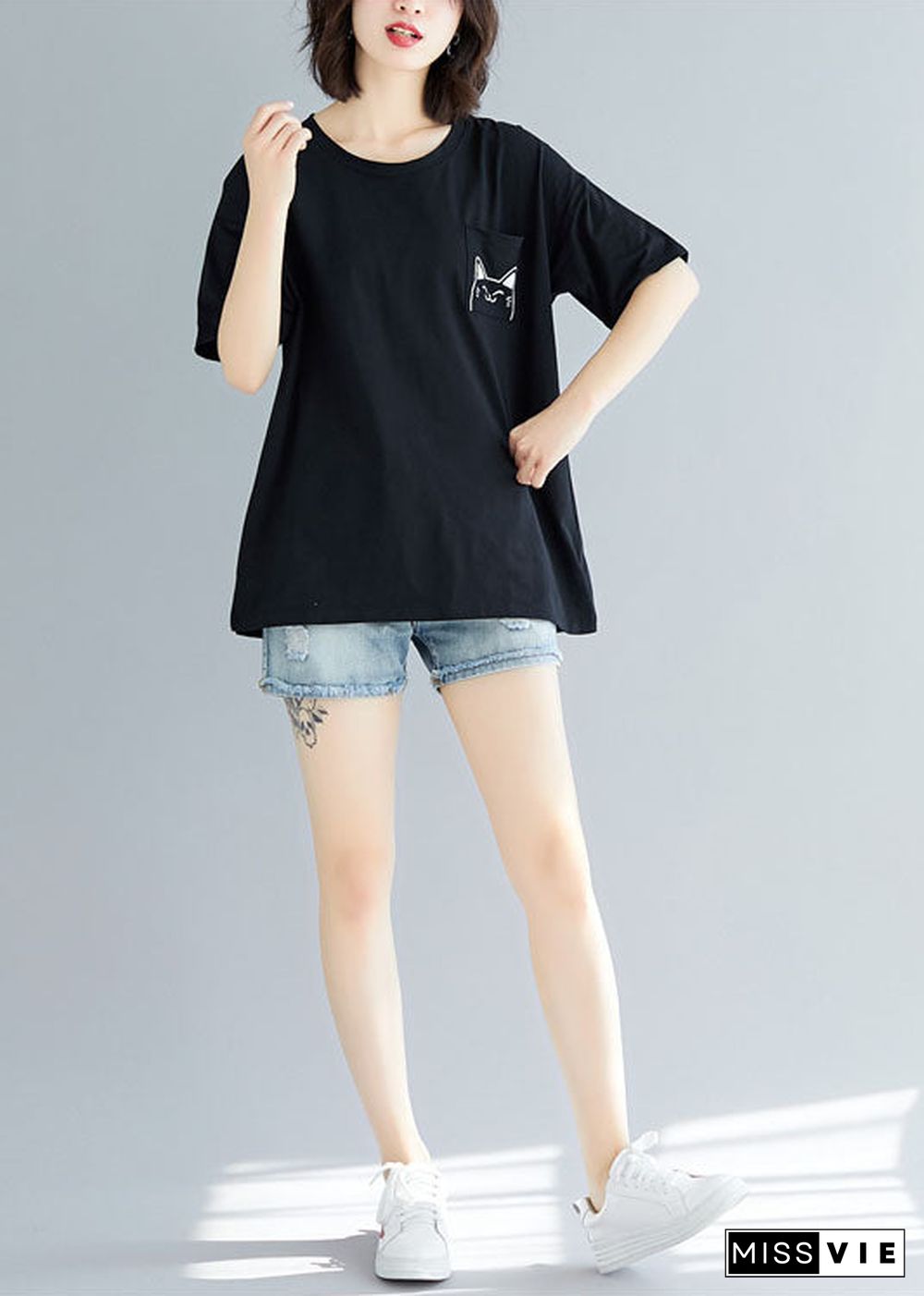 Diy Black O Neck Cartoon Print Cotton T Shirt Tops Short Sleeve
