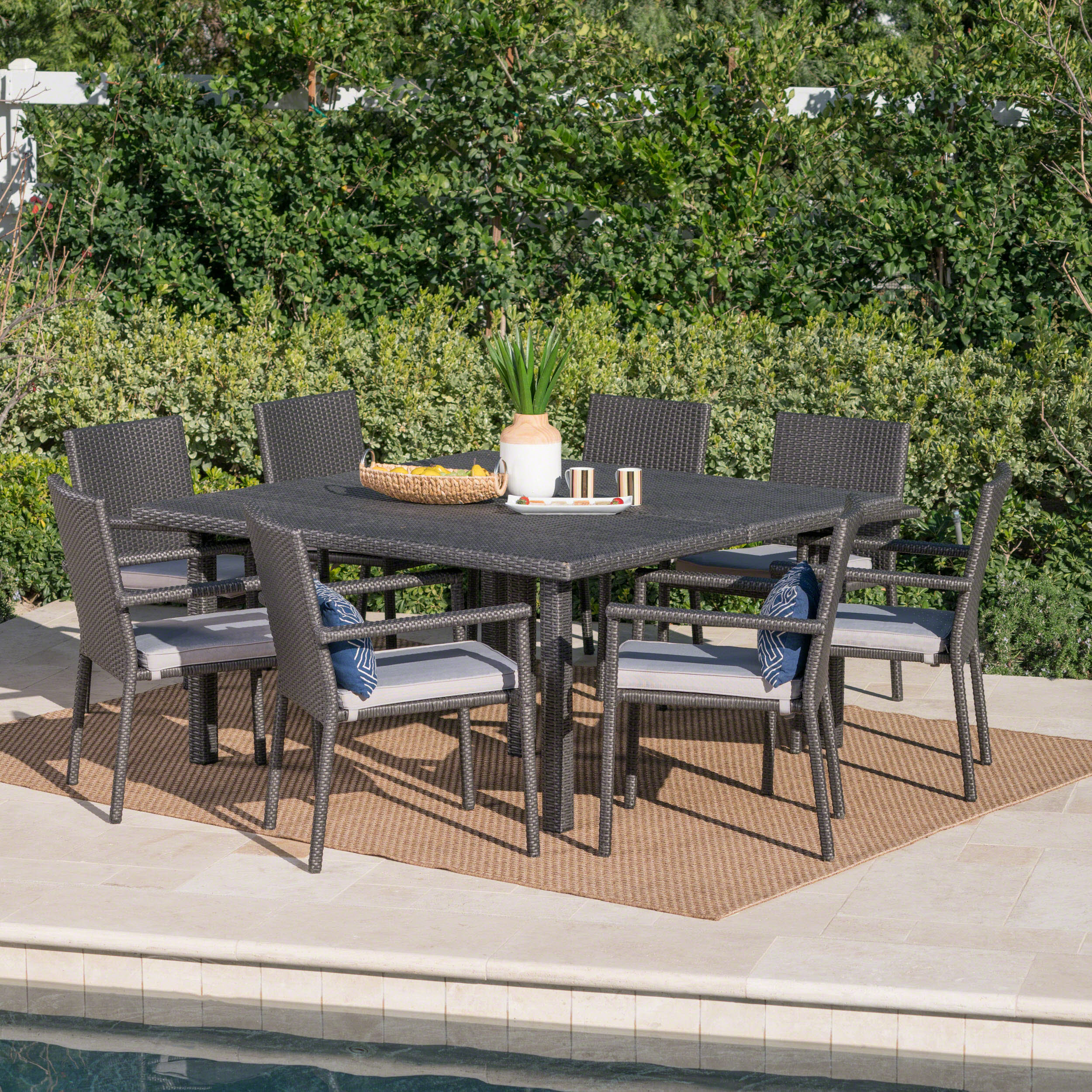 Aden Outdoor 9 Piece Wicker Dining Set with Water Resistant Cushions