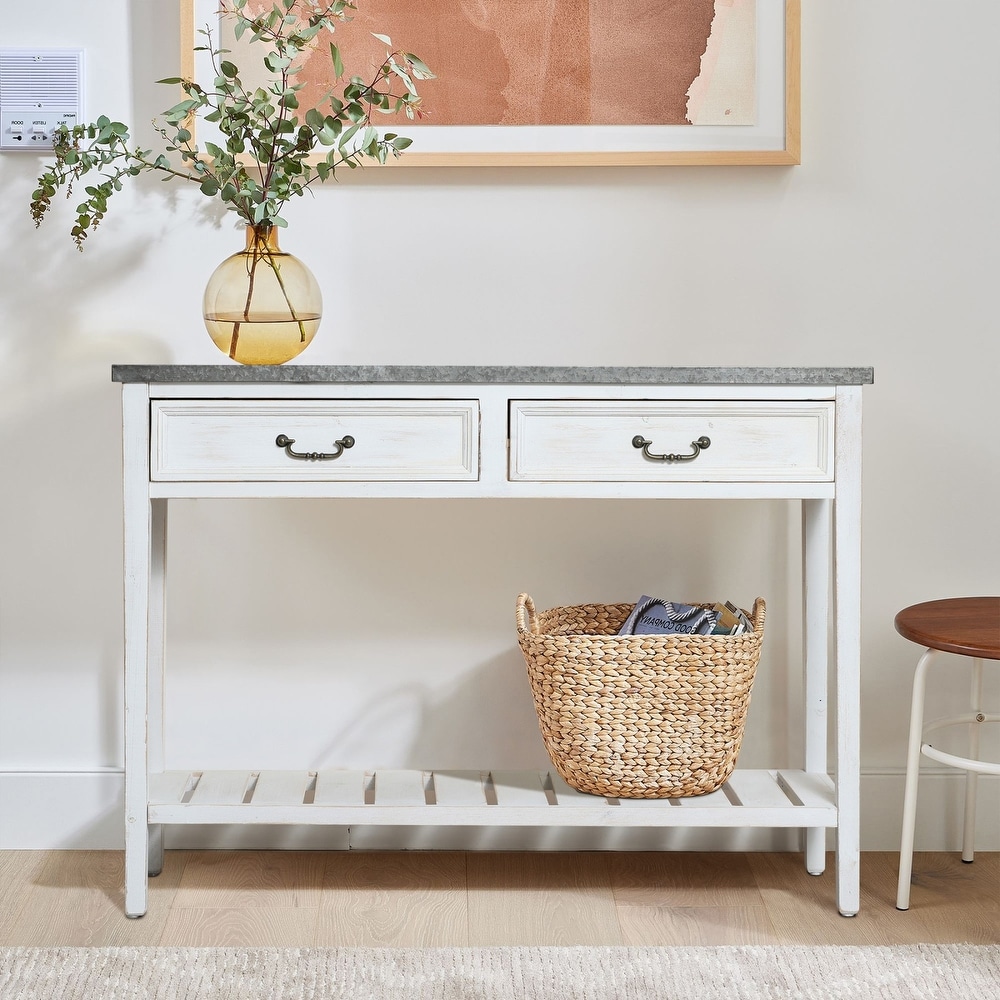 Farmhouse Distressed White Wood and Galvanize Top Console Table   31.5\