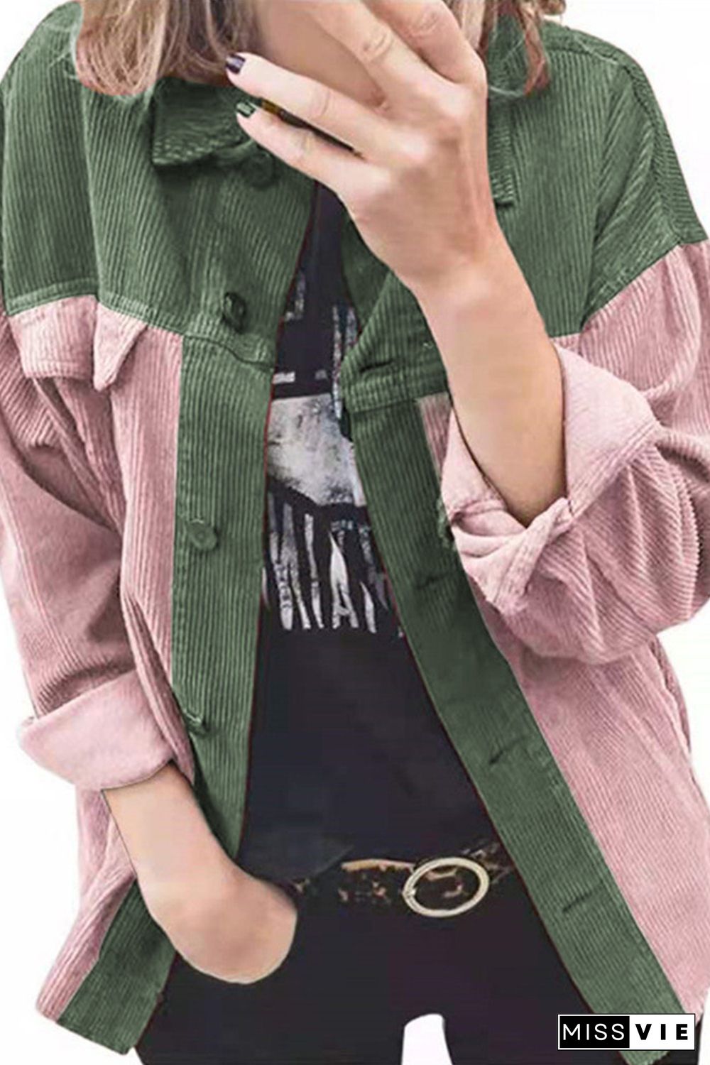 Army Green Buttoned Color Block Corduroy Jacket