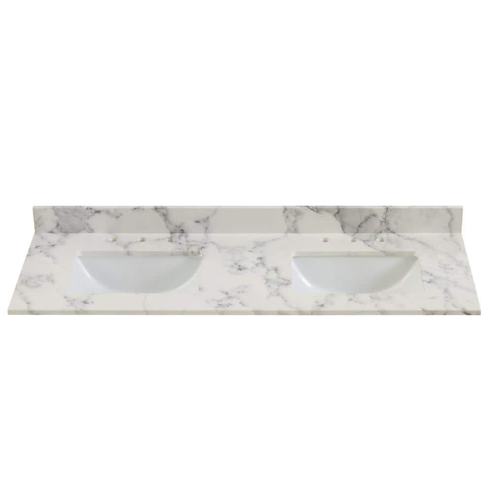 Home Decorators Collection 61 in W x 22 in D Engineered Marble Double Trough Basin Vanity Top in Calacutta with White Basins