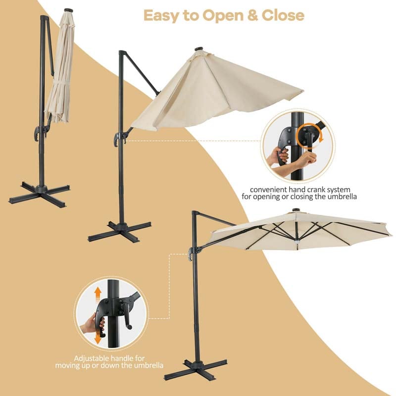 10 FT Cantilever Offset Patio Umbrella 28 Solar LED Lighted Market Umbrella with 3-Tilt Position, Crossed Base