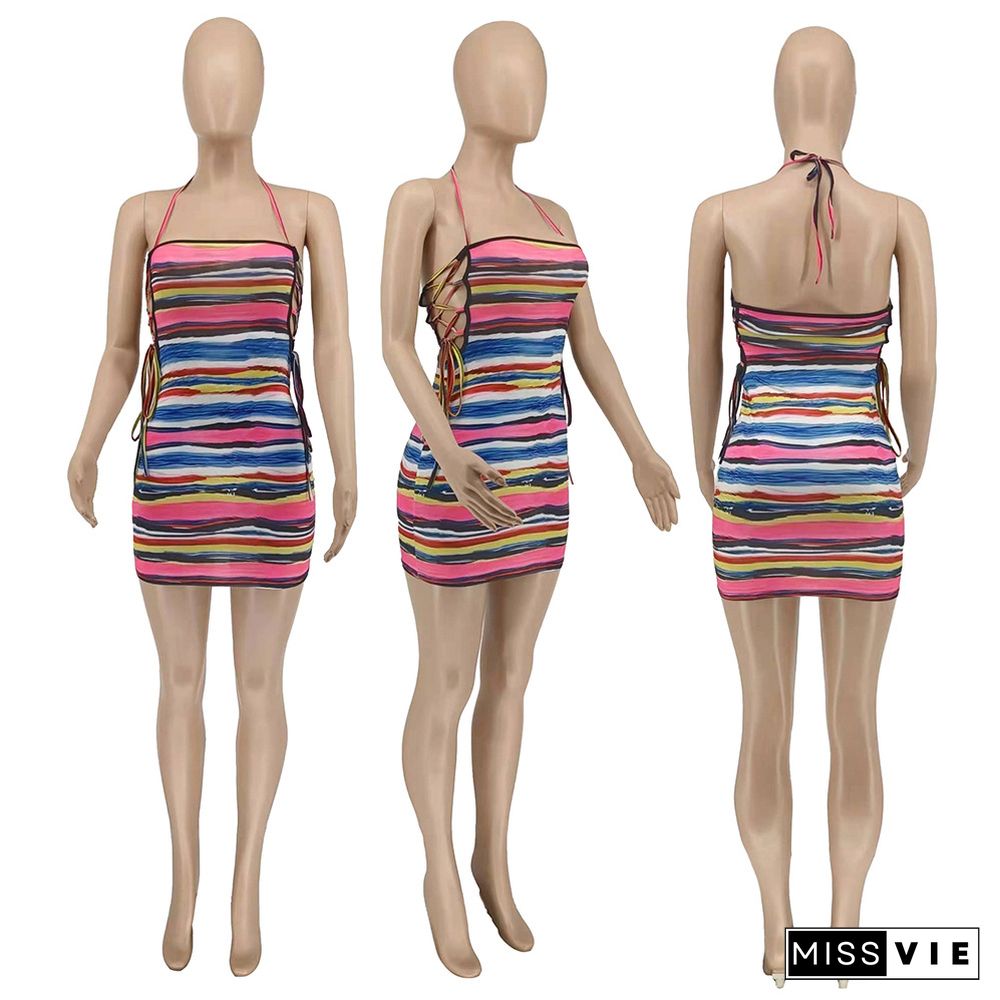 Fashion Striped Print Women Backless Bodycon Summer Sleeveless Party Club Streetwear Halter Mini Dress