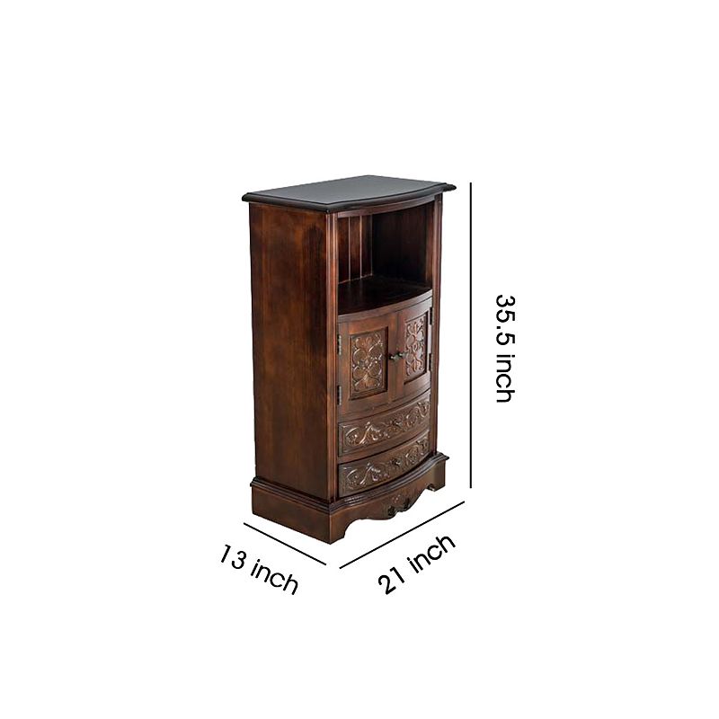 Engraved Wooden Frame Storage Cabinet with 2 Drawers and 2 Doors， Brown