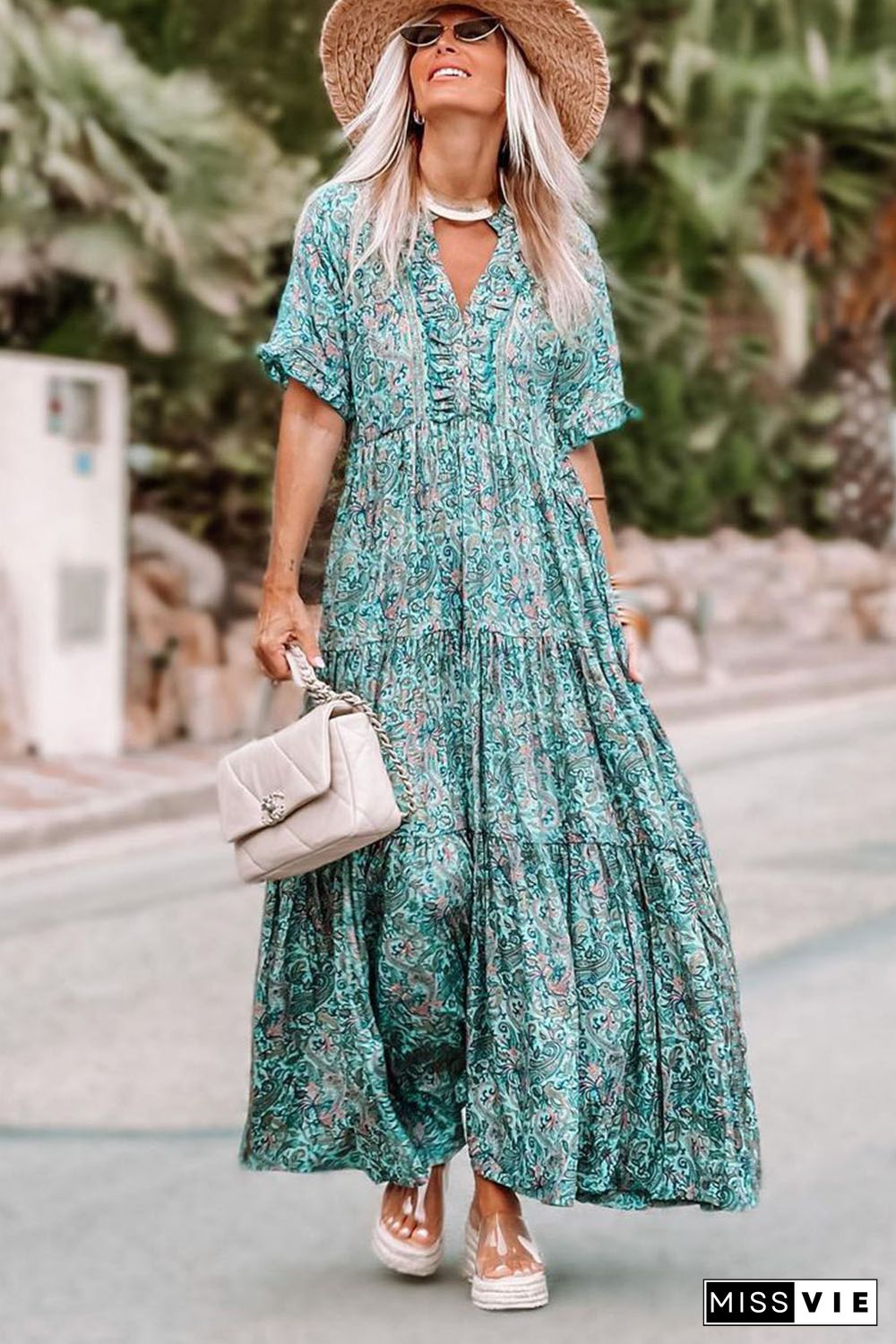 Sky Blue Paisley Print Boho Holiday Ruffle Tiered Maxi Dress