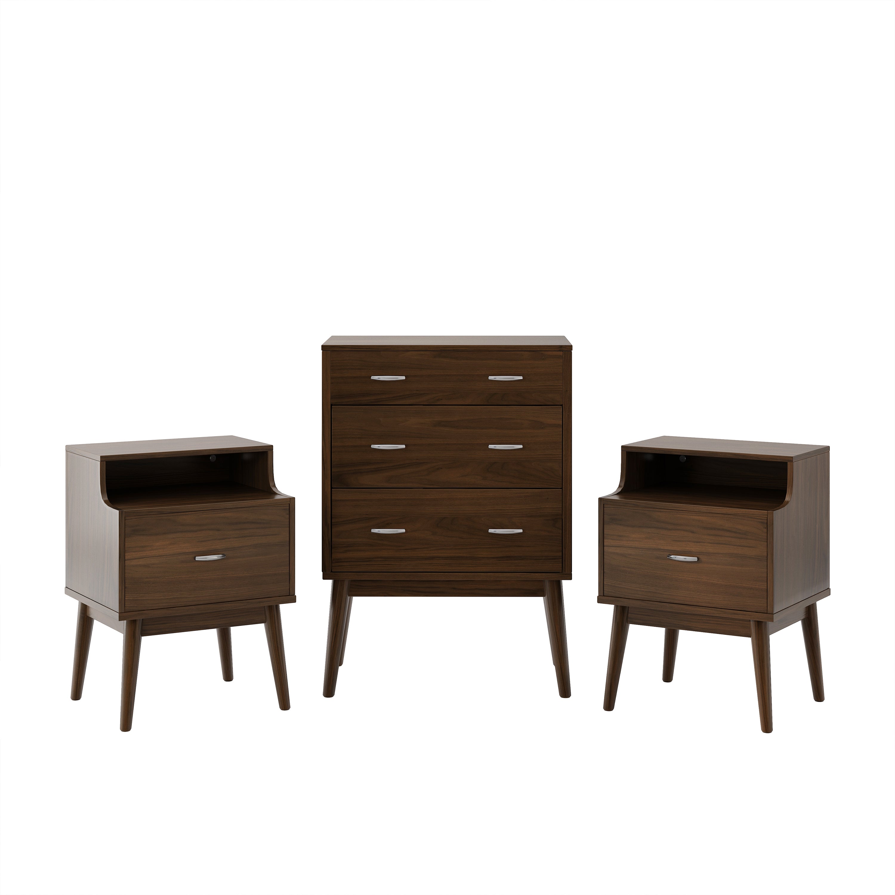 Wilbur Mid Century Wooden 3 Piece 3 Drawer Dresser and Nightstand Bedroom Set