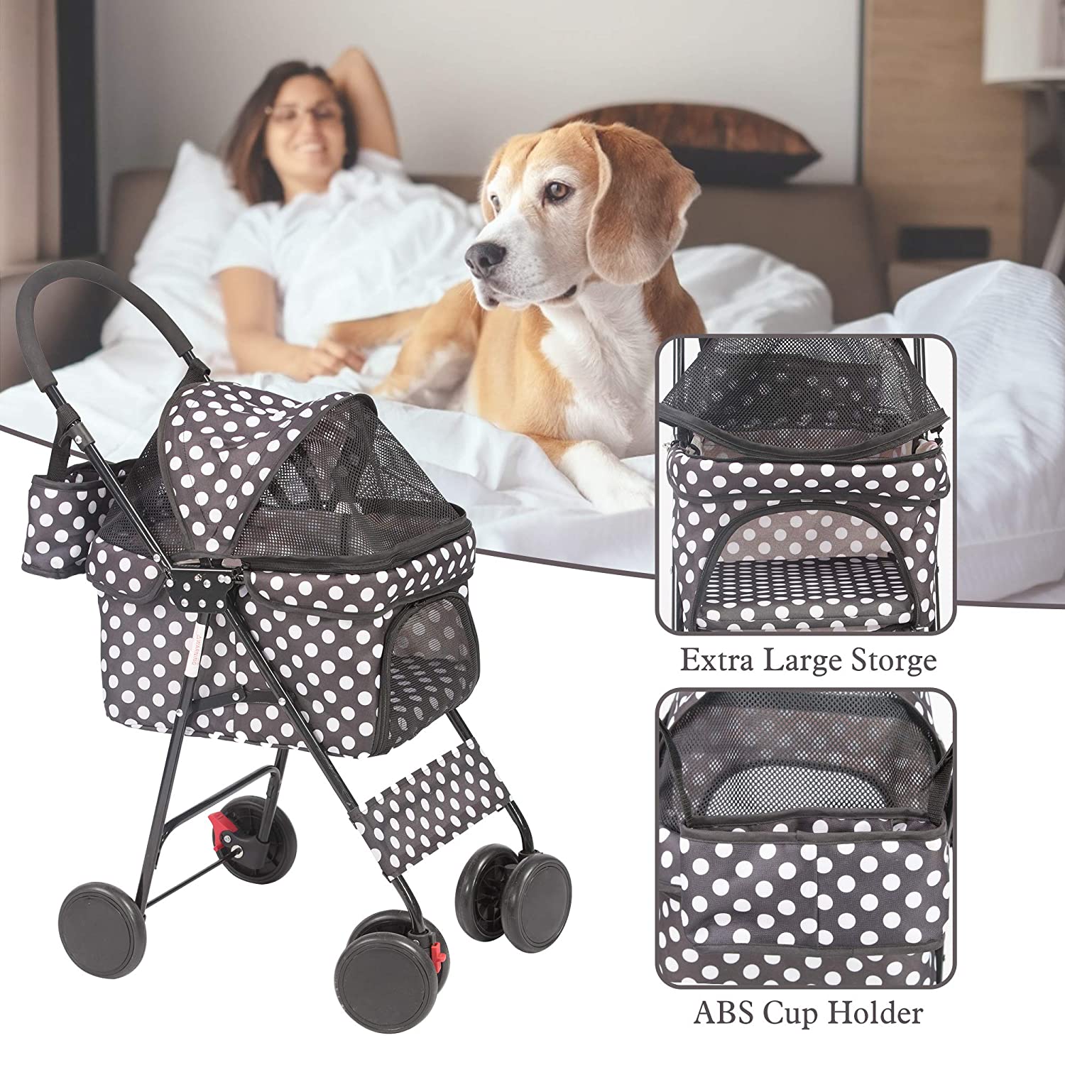 Folding Dog Stroller Travel Cage Stroller for Pet Cat Kitten Puppy Carriages - Large 4 Wheels Elite Jogger - Single or Multiple Pets (Black - 1 cage)