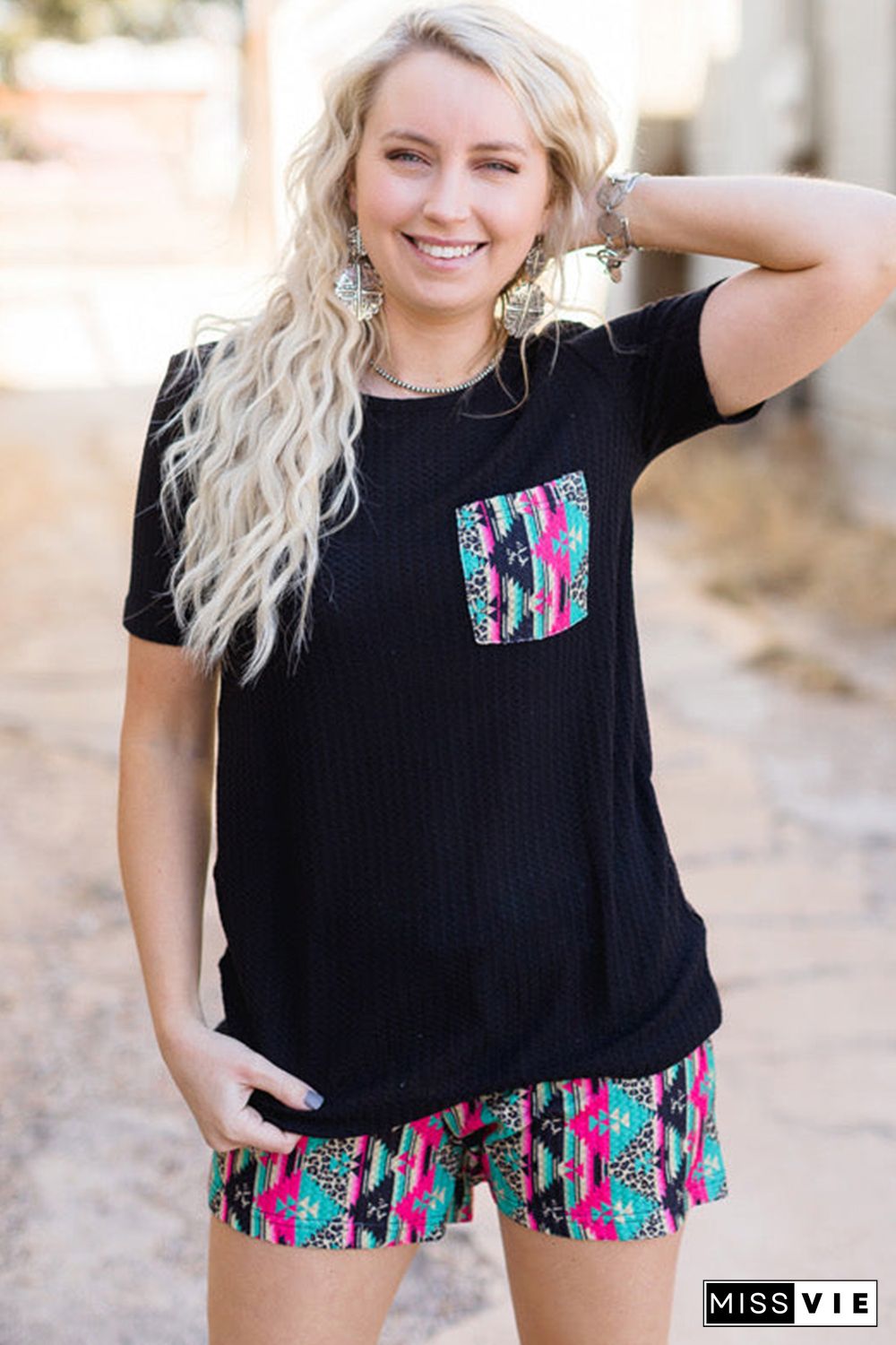 Black Aztec Pocketed Tee and Shorts Set