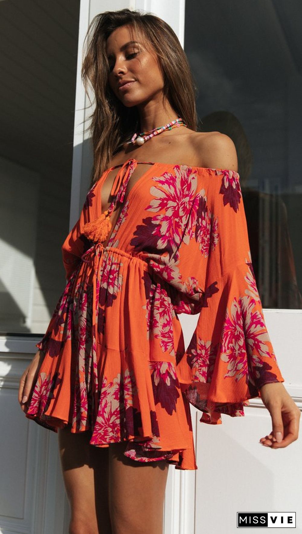 Carrot Floral Off Shoulder Withdraw Rompers