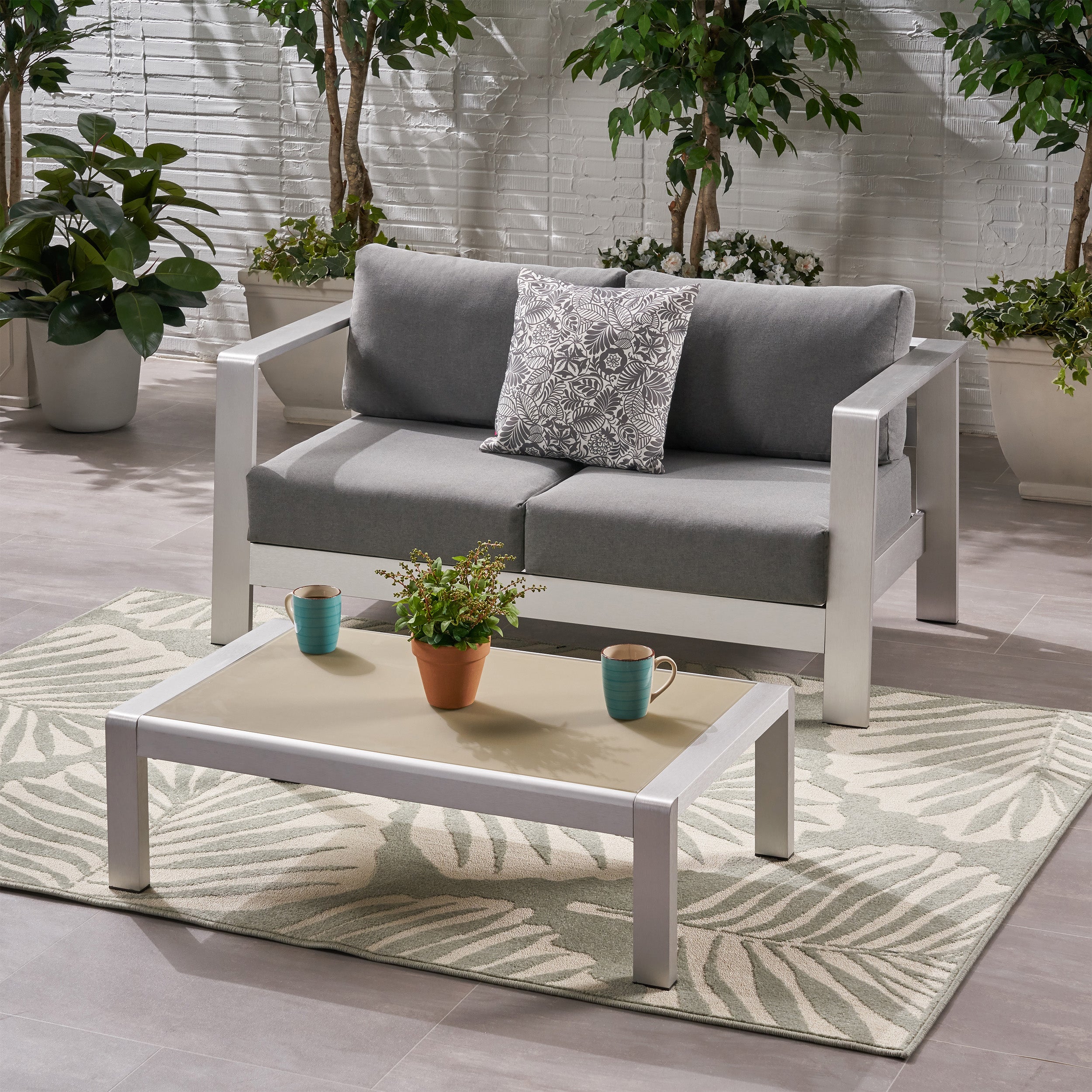 Laraine Outdoor Aluminum Club Chair and Coffee Table Set with Cushions