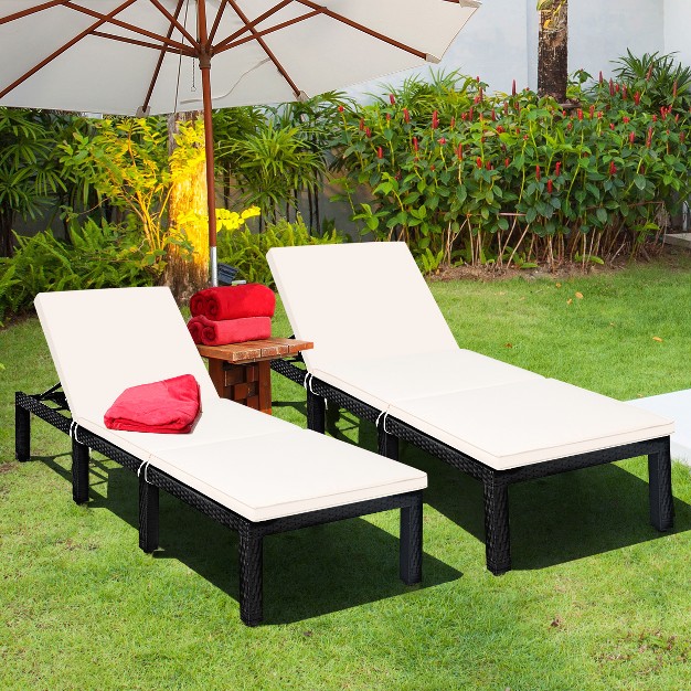 Costway 2pcs Patio Garden Rattan Lounge Chair Chaise Couch Cushioned Height Adjustable White