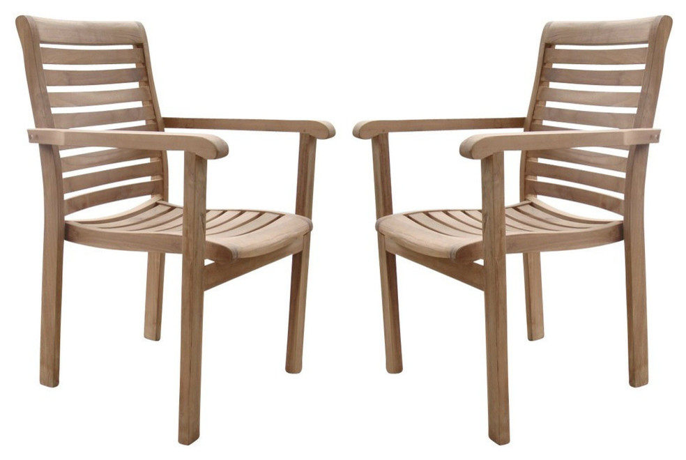 Hari Stacking Arm Chairs  Teak Outdoor Dining Patio  Set of 2   Transitional   Outdoor Dining Chairs   by Teak Deals  Houzz