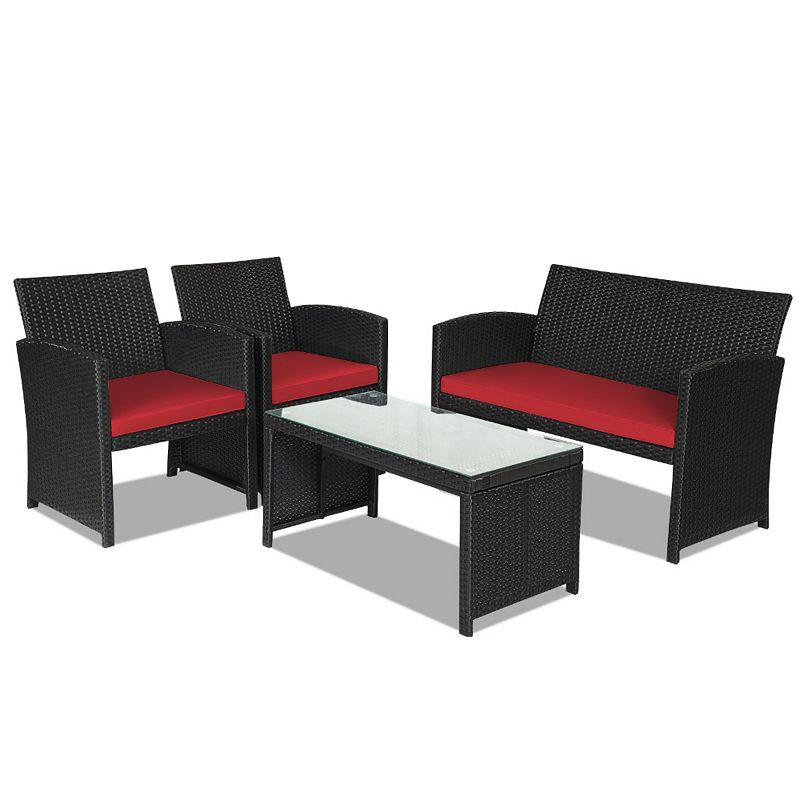 4 Pieces Rattan Patio Furniture Set with Weather Resistant Cushions and Tempered Glass Tabletop