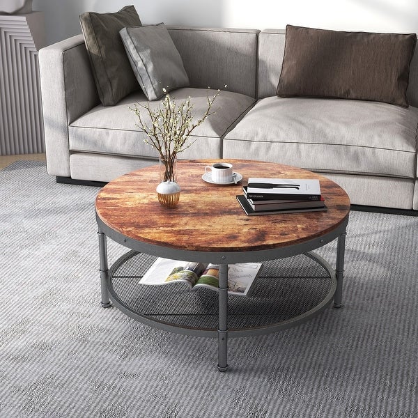 2-Tier Single Panel Round Coffee Table with Metal Frame and Mesh