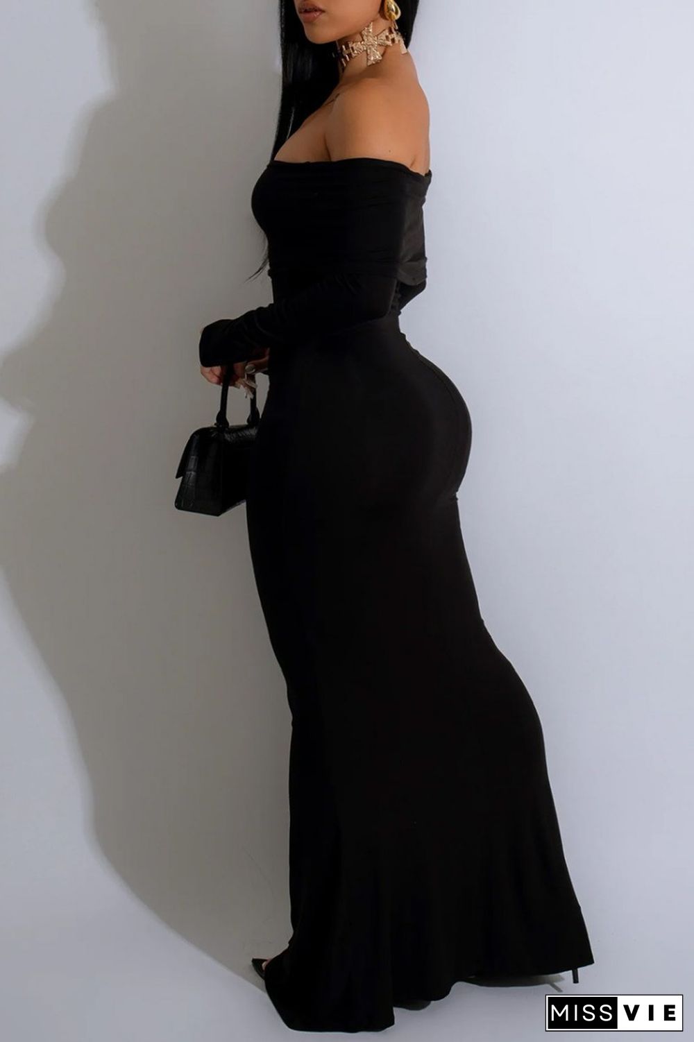 Black Casual Solid Backless Off the Shoulder Long Dress Dresses