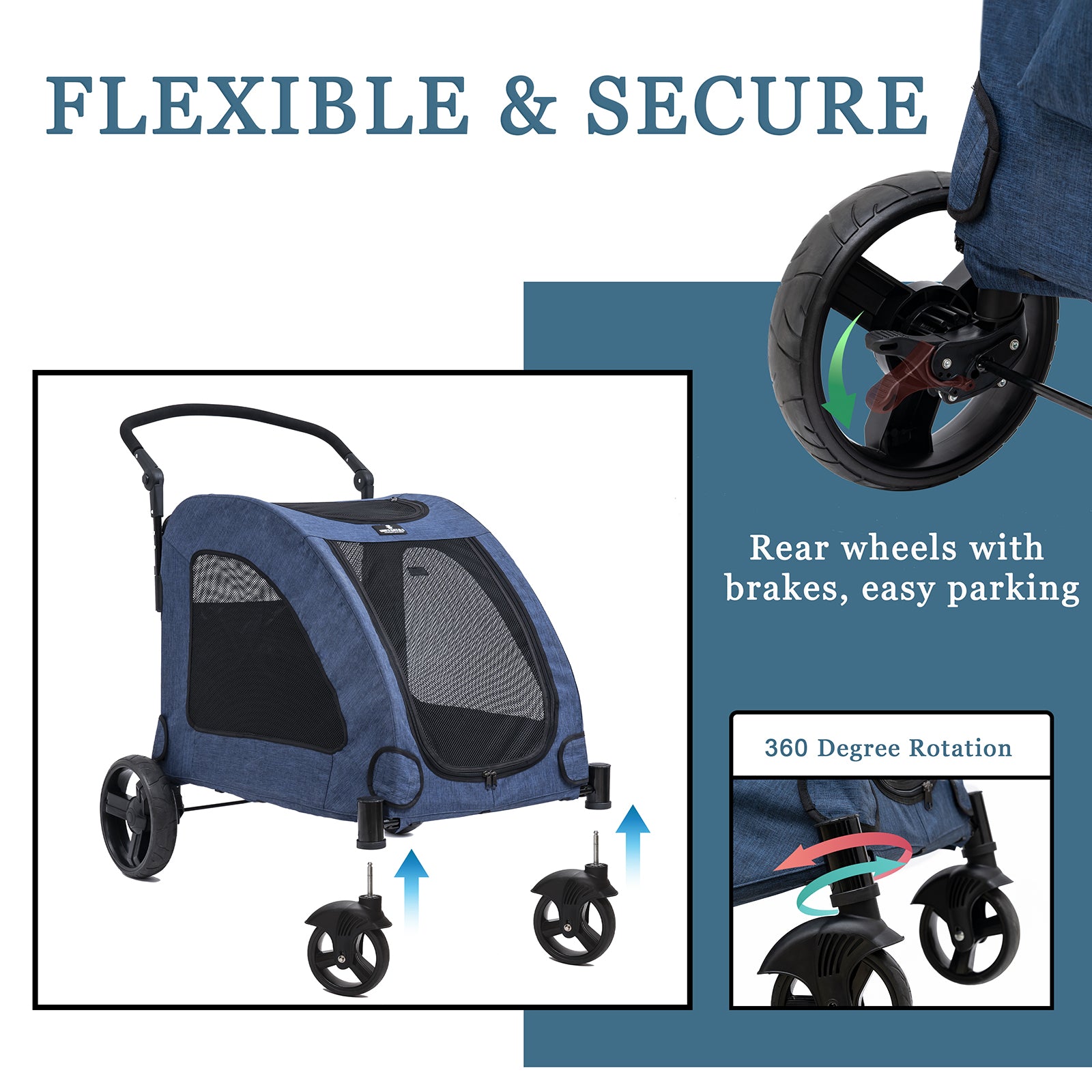 Tikysky 4 Wheel Pet Stroller for Dog and Cat ，Light Foldable，Breathable Mesh Windows，Blue