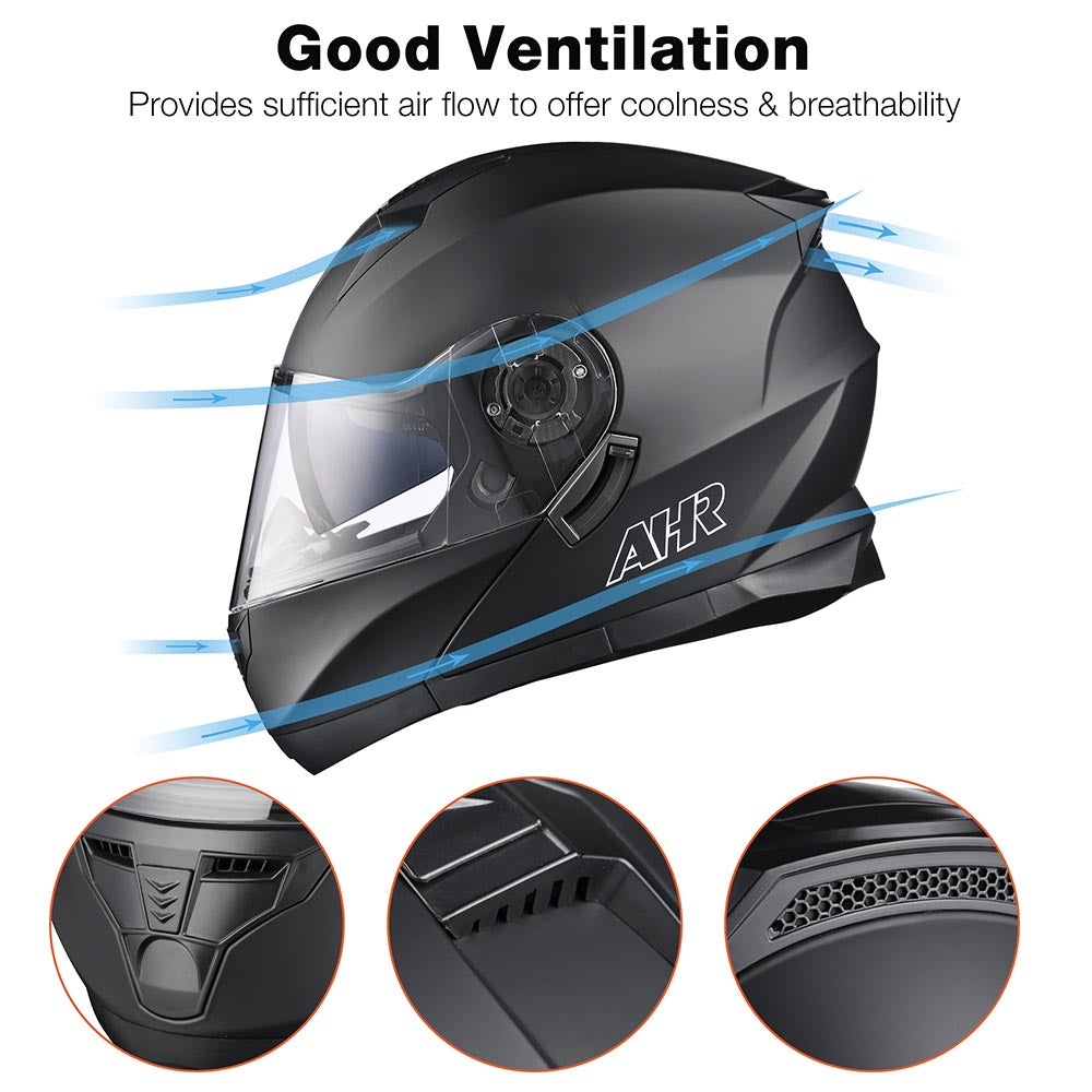 AHR RUN-M3 Modular Helmet Flip Up DOT 2-Visors Matte Black