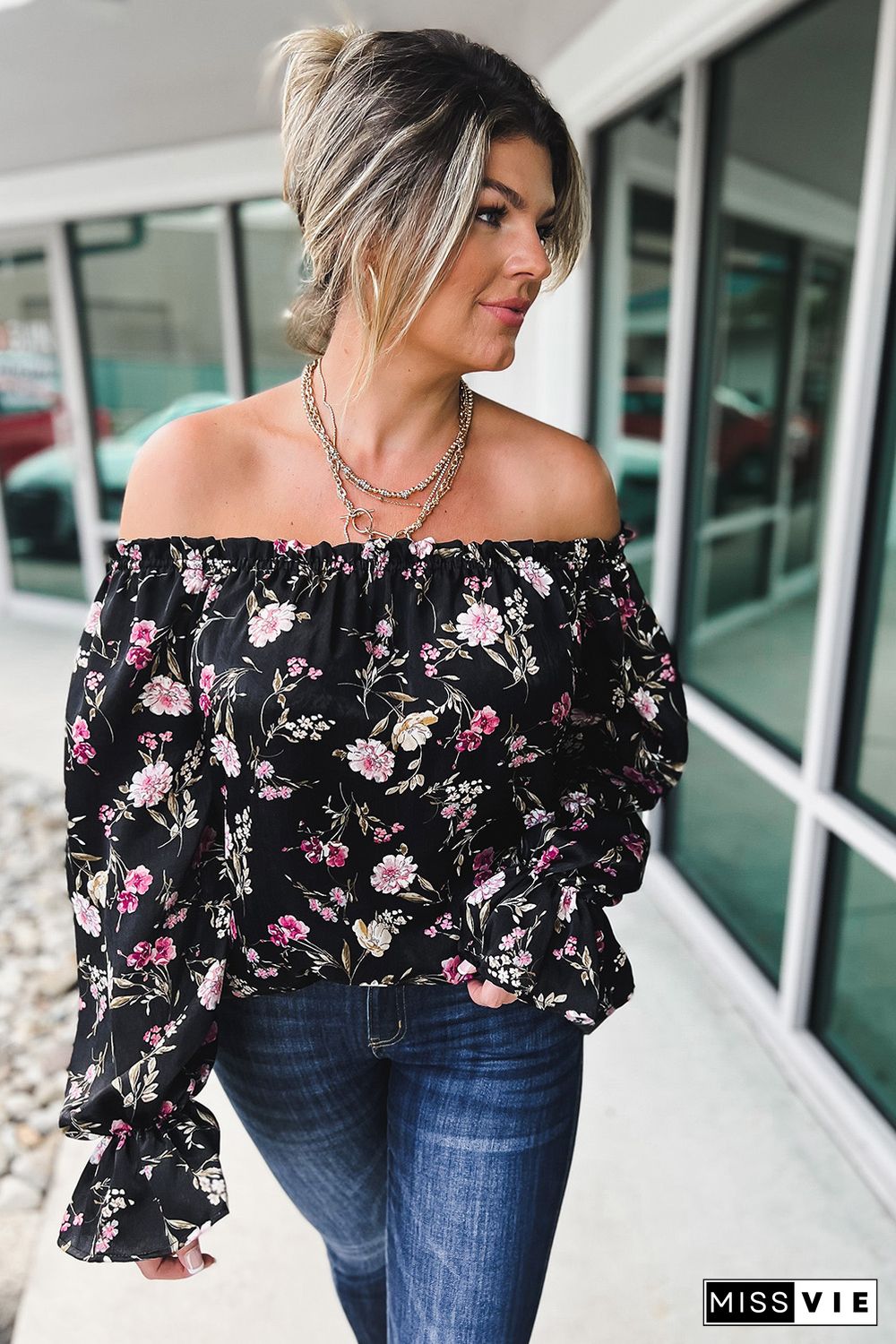 Black Floral Off Shoulder Plus Size Top