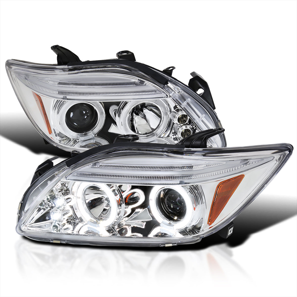 Spec-D Tuning LED Halo Chrome Housing Clear Lens Projector Headlights Compatible with 2005-2010 Scion tC Left + Right Pair Headlamps Assembly