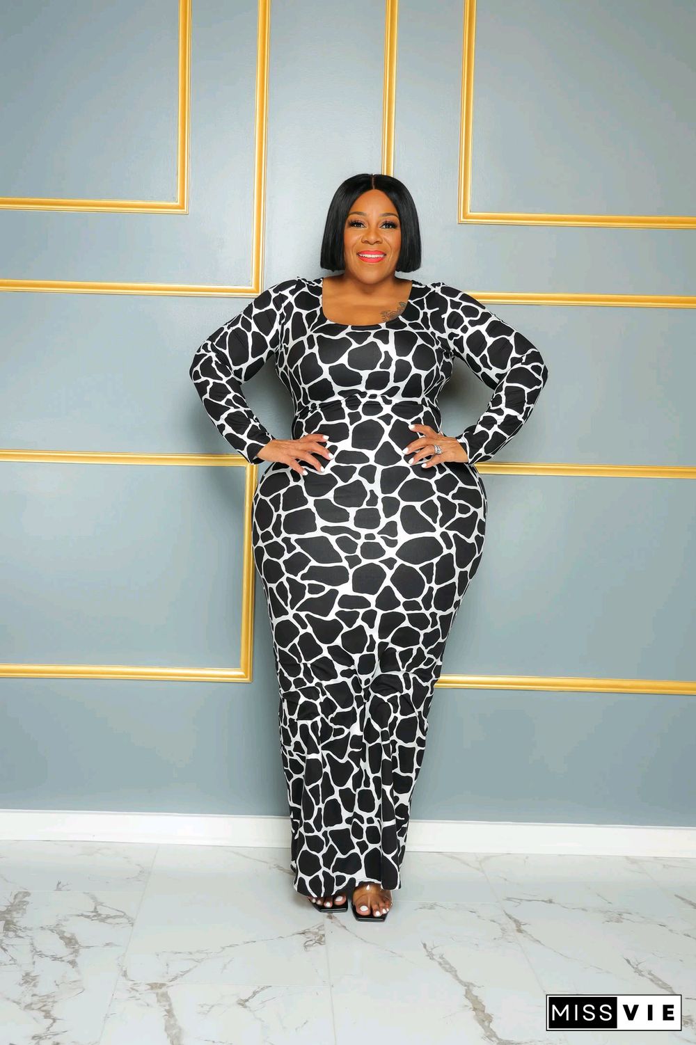 Printing Long Sleeve Plus Size Maxi Dresses