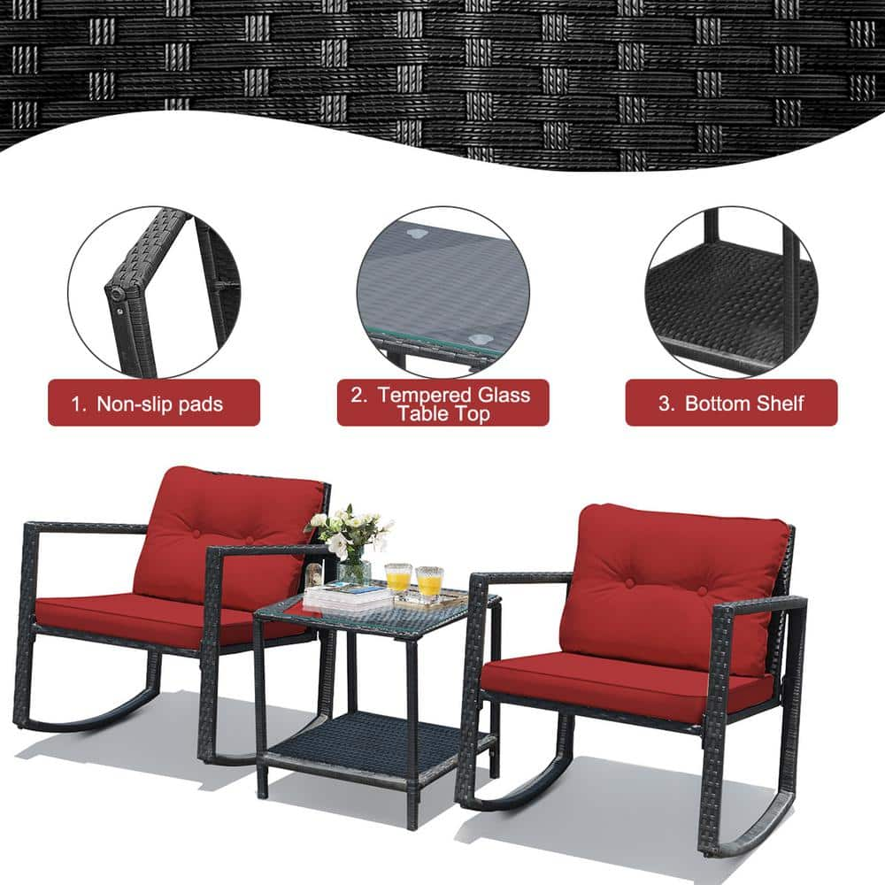 Costway Black 3-Piece Rattan Wicker Patio Conversation Set Rocking Chairs With Red Cushions HW62861RE