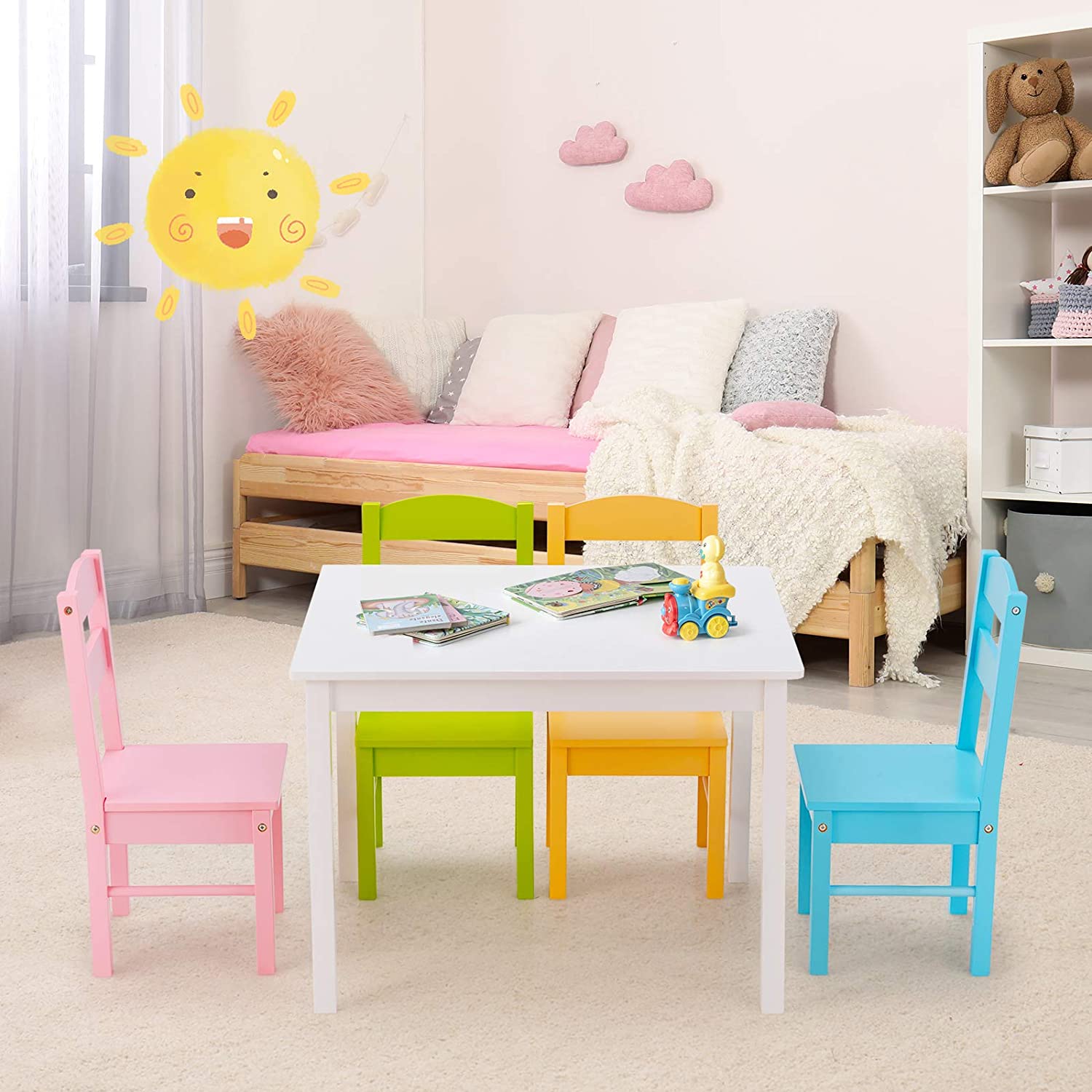 Kids Table and Chair Set, 5 Piece Wood Activity Table & Chairs for Children Arts