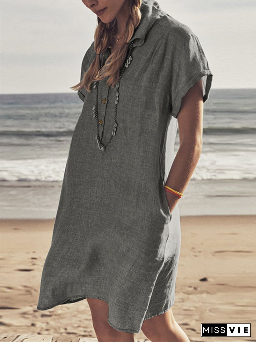 Cotton Linen Shirt Dress Pocket Dress Beach Casual Skirt