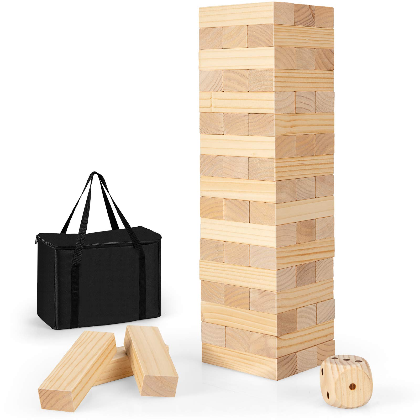 Costzon Giant Tumbling Timber Toy, 54 PCS Wooden Block Stacking Game w/ Convenient Carrying Bag, Natural