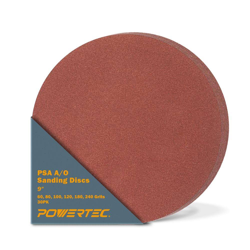 POWERTEC 9 in. PSA Aluminum Oxide Adhesive Sanding Disc 5-Pieces of Each Grits: 6080100120180240 (30-Pack) 110341