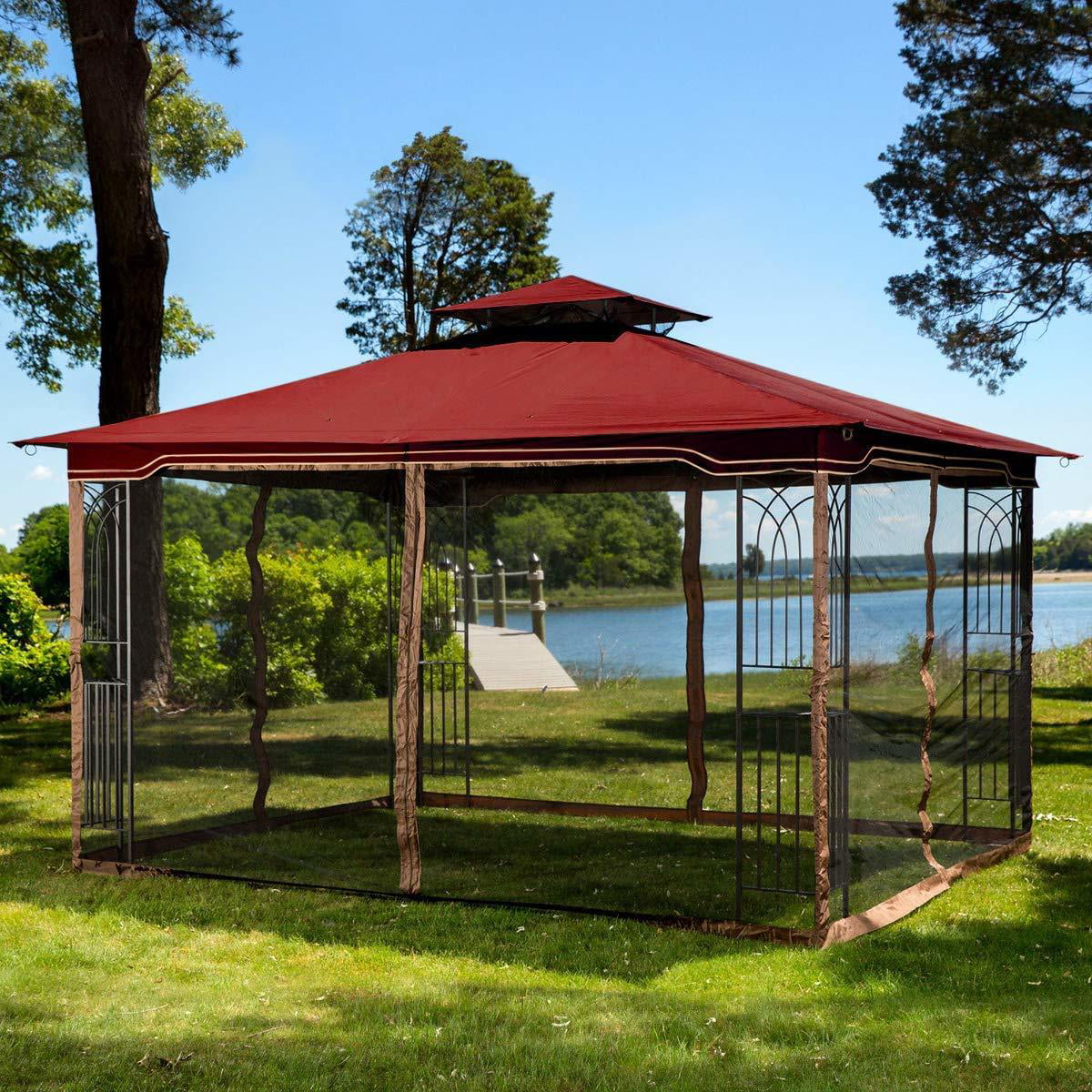 Sunjoy L-GZ798PST-M-A New Regency III Gazebo 10' x 12' with Mosquito Netting, Maroon