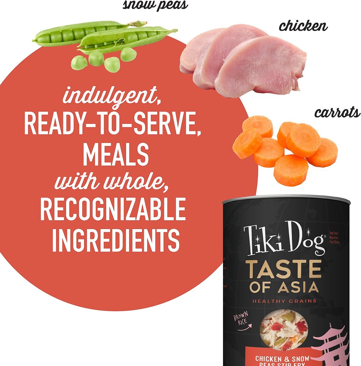 Tiki Dog Taste of Asia! Grain-Free Chicken and Snow Peas Stir Fry Chunks in Gravy Canned Dog Food， 12-oz， case of 8