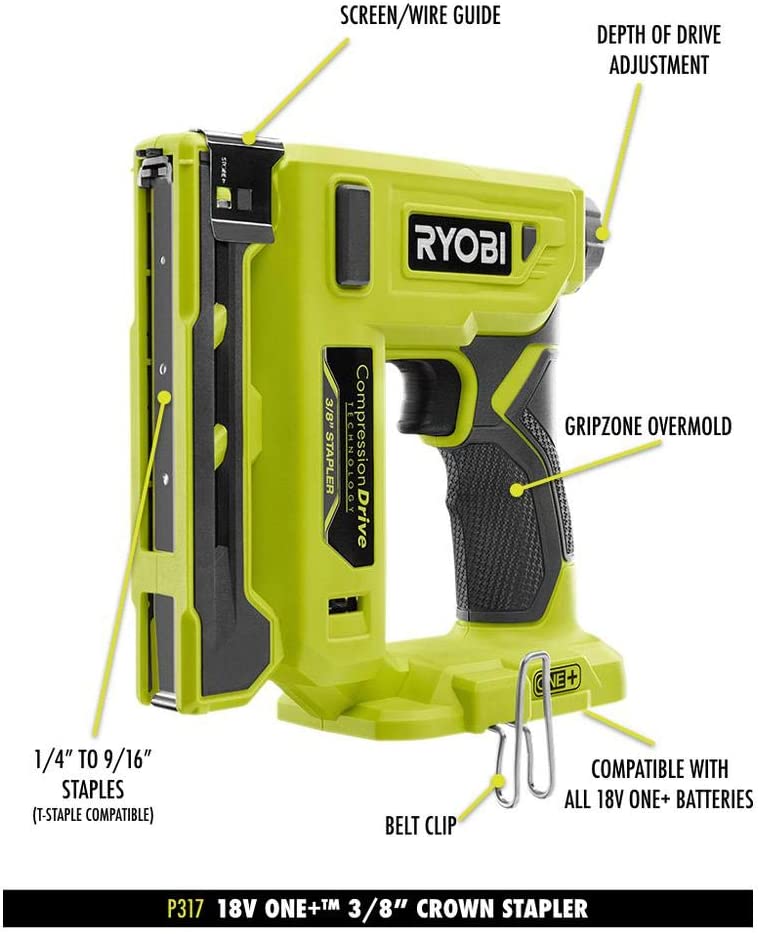 RYOBI P317 ONE+18V Cordless Compression Drive 3/8 in. Crown Stapler (Tool Only)