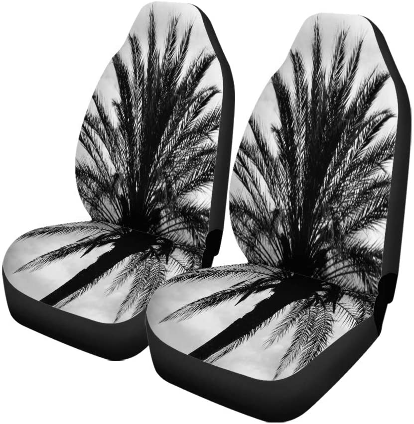 ZHANZZK Set of 2 Car Seat Covers Black Palm Tree White Abstract Beach Branch Coconut Forest Universal Auto Front Seats Protector Fits for Car，SUV Sedan，Truck