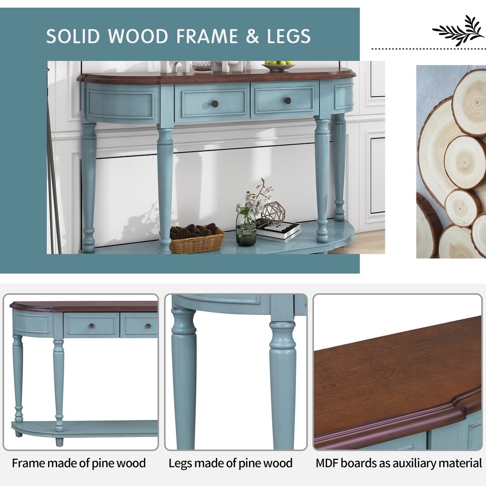 Semi Circle Curved Design Console Table with Open Style Solid Wood Frame   2 Drawers for Living Room