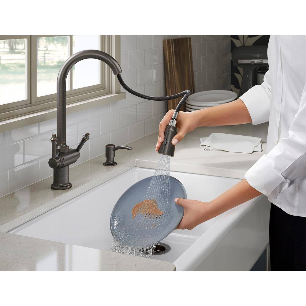 KOHLER Thierry Two Handle Pull-Down Sprayer Kitchen Faucet with Soap Dispenser in Oil-Rubbed Bronze K-R22969-SD-2BZ